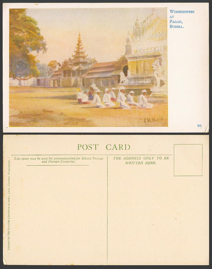 Burma Old Postcard Worshippers at Pagan Pagoda Temple, F.M. Muriel Artist Signed
