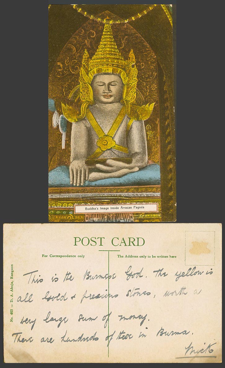 Burma Old Colour Postcard A Sitting Buddha's Image inside Arracan Pagoda Temple