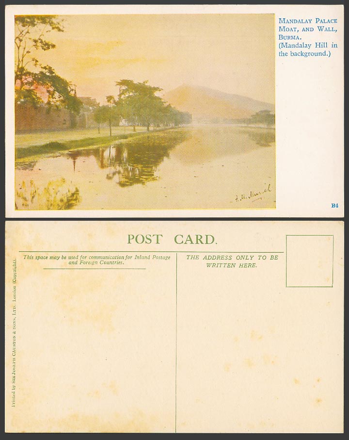 Burma Old Postcard Mandalay Palace Moat & Wall Hill Artist Signed by F.M. Muriel