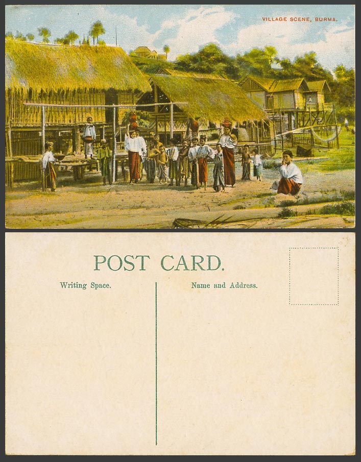 Burma Old Colour Postcard Burmese Village Scene Native Houses Huts on Stilts Boy