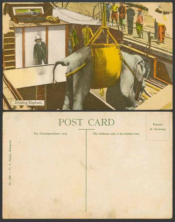 Burma Old Colour Postcard Shipping Elephants, Elephant Hanging Above a Ship Boat