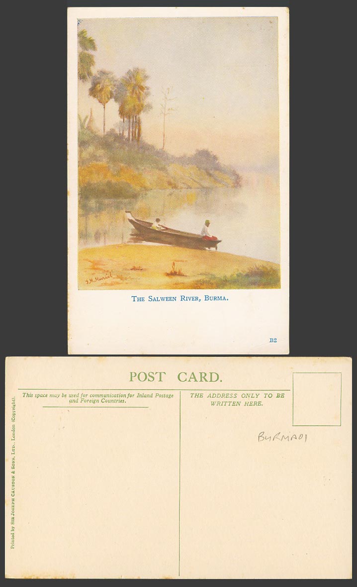 Burma Old Colour Postcard THE SALWEEN RIVER Boat Artist Signed by F.M. Muriel B2