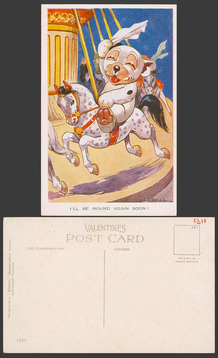 BONZO DOG GE Studdy Old Postcard Merry-Go-Round, I'll Be Round Again Soon! 1311