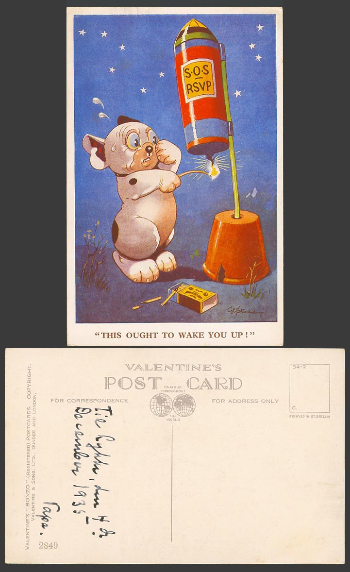 BONZO DOG GE Studdy 1935 Old Postcard S.O.S. RSVP Rocket Ought to Wake U Up 2849