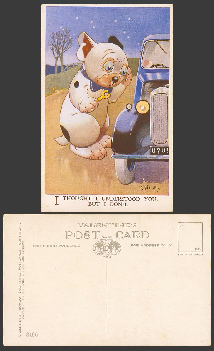 BONZO DOG GE Studdy Old Postcard Thought Understood You But I Don't Fix Car 3496