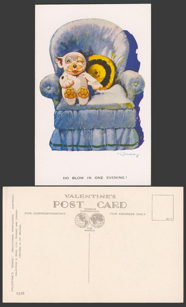 BONZO DOG GE Studdy Old Postcard Do Blow in One Evening Puppy on Couch Sofa 1516
