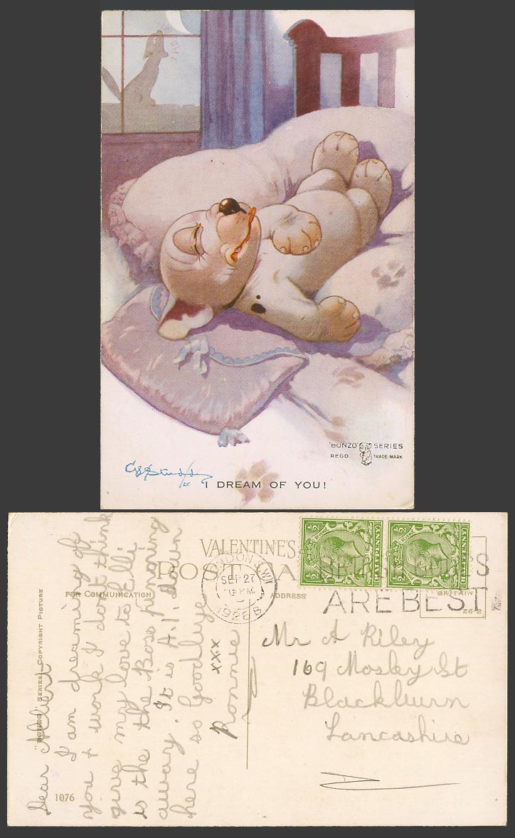 BONZO DOG G.E. Studdy 1926 Old Postcard I Dream of You! Puppy Dreaming, Bed 1076