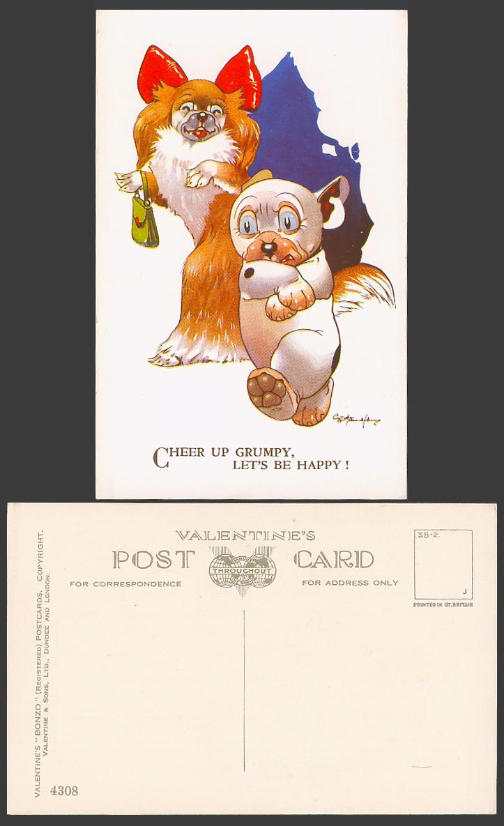 BONZO DOG G.E. Studdy Old Postcard Cheer Up Grumpy Let's Be Happy! Puppies 4308