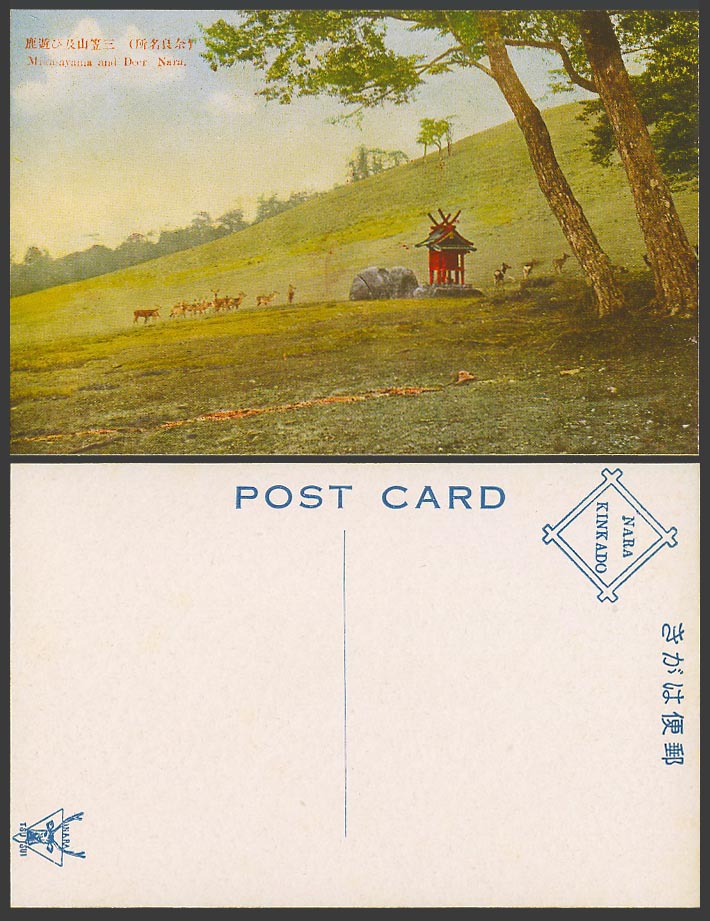 Japan Old Colour Postcard Mikasayama Mikasa Hill Rock Deer Trees Nara 奈良 三笠山 遊鹿