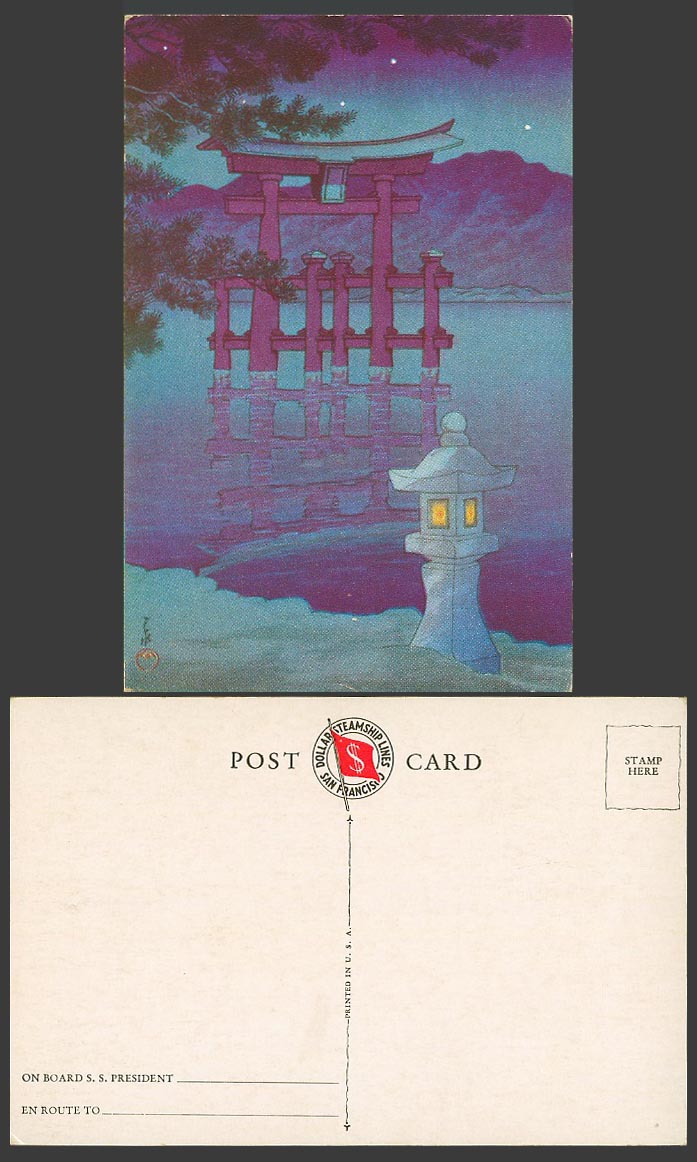 Japan Old Postcard Miyajima Torii Gate Dollar Steamship Lines San Francisco Flag