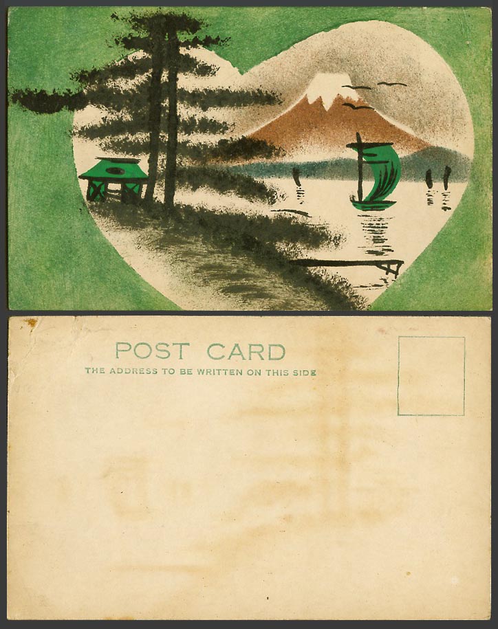Japan ART Old Genuine Hand Painted Postcard Mt. Fuji Sailing Boat Hut Pine Trees