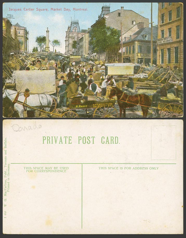 Canada Old Postcard Jacques Cartier Square Market Day Montreal Horse Cart Seller