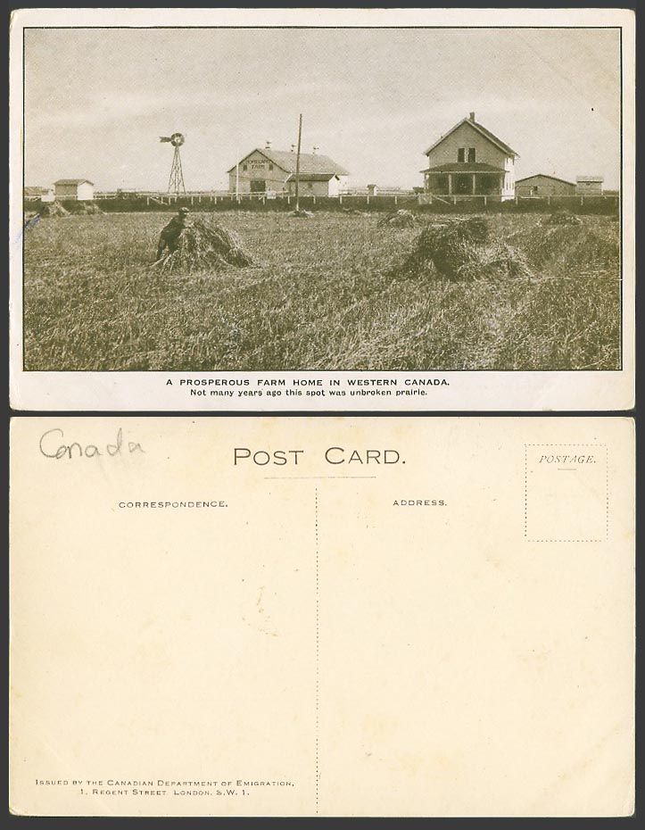 Canada Old Postcard A Homeland Farm Home in Western Canada, Windmill, Haystacks