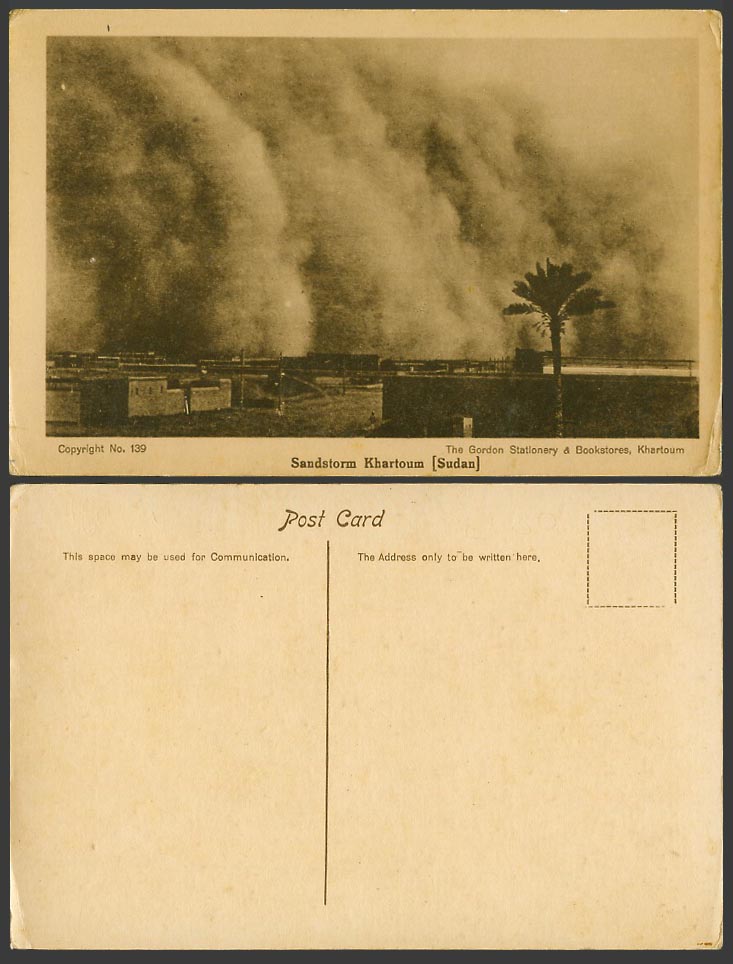 Sudan Old Real Photo Postcard Sand Storm Sandstorm Khartoum Street and Palm Tree