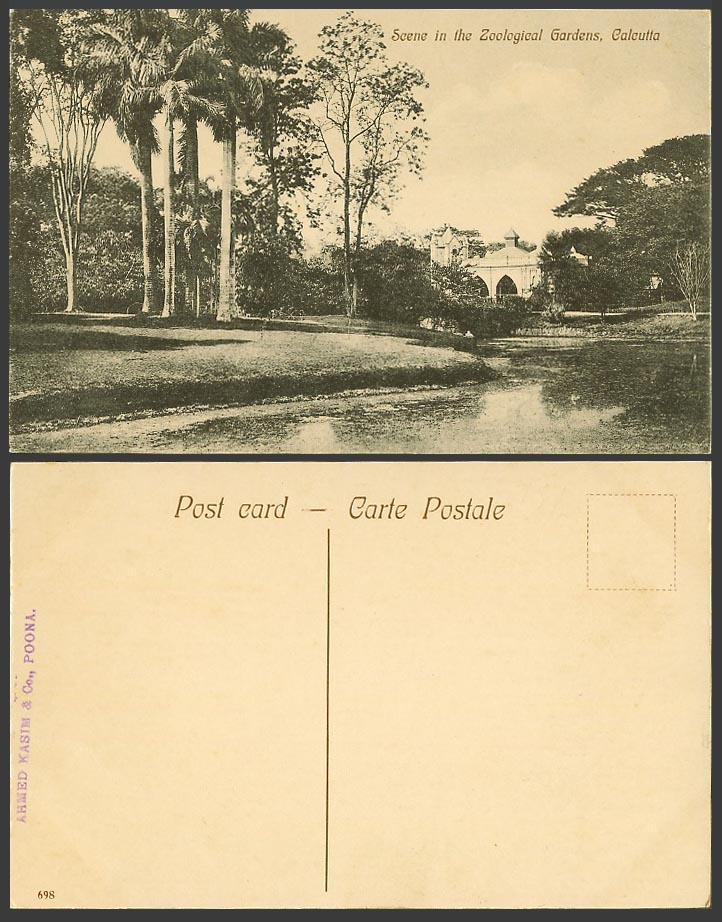 India Old Postcard Zoological Gardens Calcutta Zoo Bridge Palm Trees River N.698