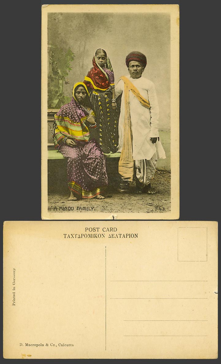 India Old Colour Postcard A Hindu Family Native Man Woman Lady and Girl Costumes