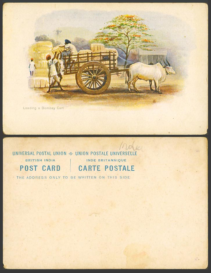 India M.V. Dhurandhar Old Postcard Loading a Bombay Cart, Native Workers Coolies