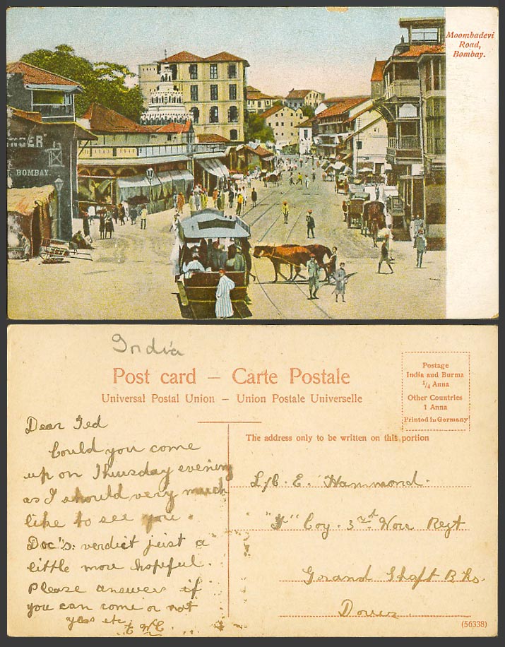 India Old Colour Postcard Moombadevi Road Bombay Street Scene Tram Tramway 56338