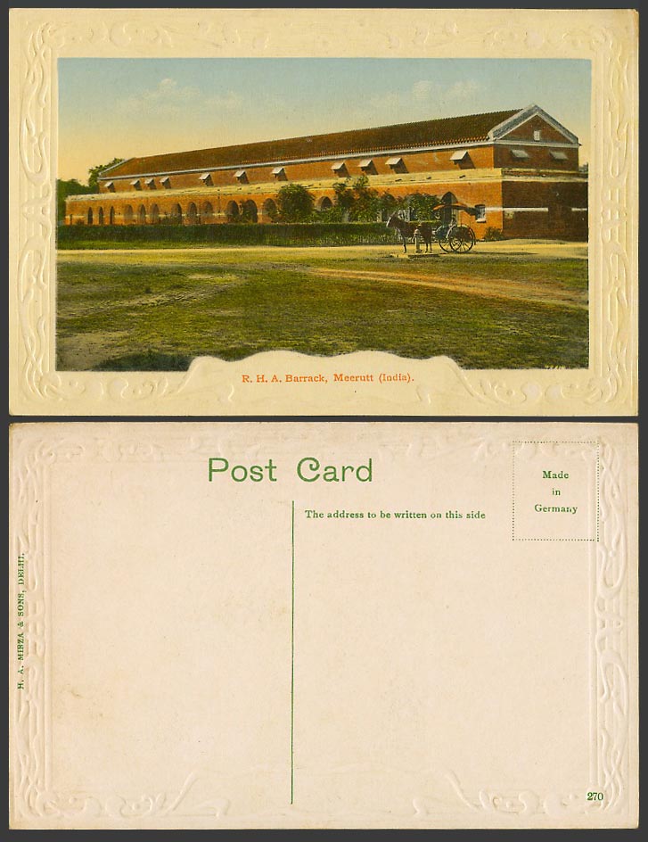 India Old Postcard R.H.A Barrack Meerut Meerutt Military Barracks Horse Cart 270