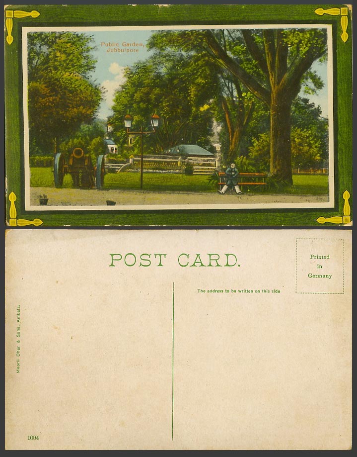 India Old Colour Postcard Public Garden Jubbulpore, Cannon Tree Bench Lamps 1004