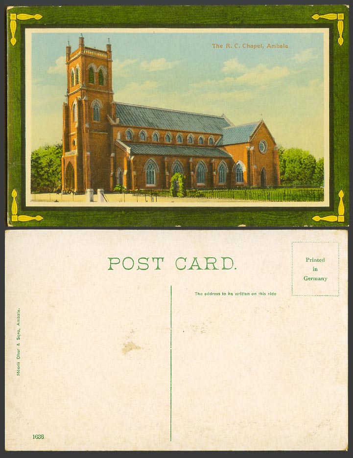 India Old Colour Postcard The R.C. Chapel Church Ambala, Moorli Dhur & Sons 1636