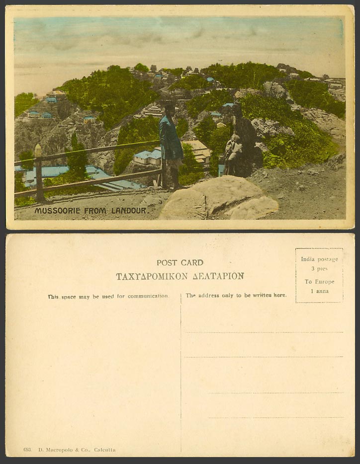 India Old Colour Postcard Mussoorie from Landour, 2 Native Men by Rocks Panorama