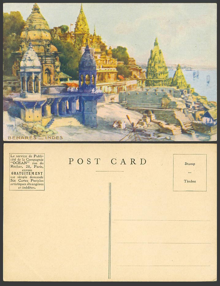 India Art Drawn Old Postcard Benares Indes, Burning Ghat River Temples OCEAN Ads