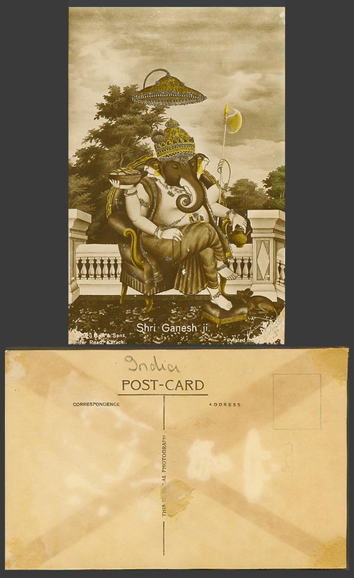 India Old Postcard Shri Ganeshi Ji Hindu Elephant God Ganesha Ganapati, Glitters