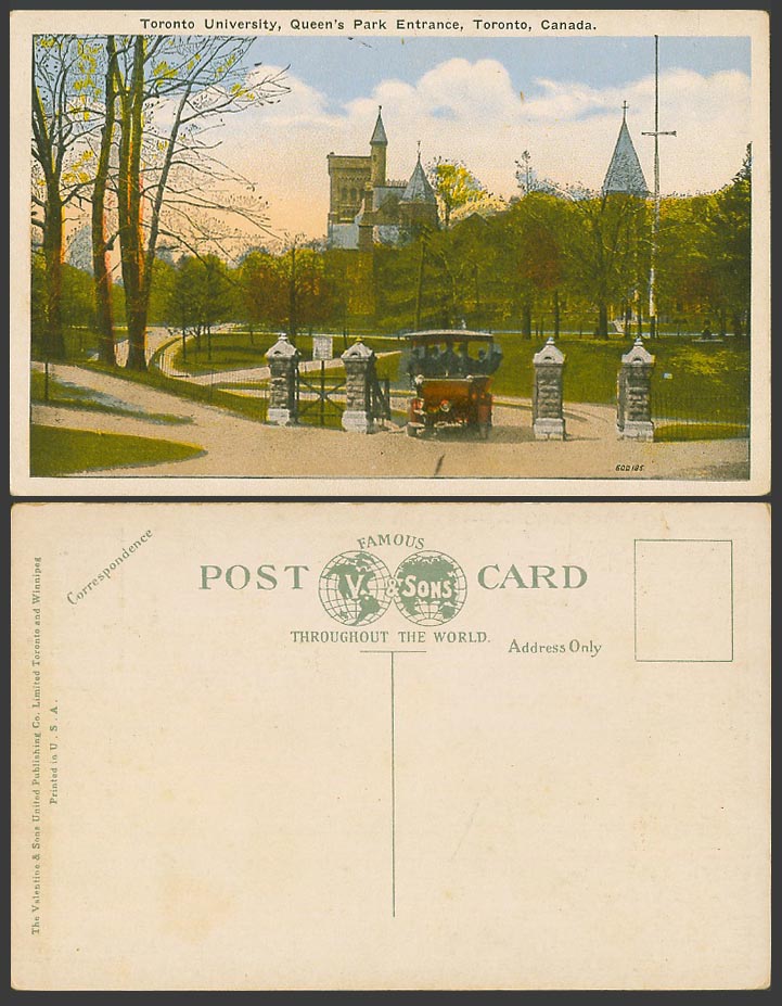 Canada Old Postcard Toronto University, Queen's Park, Entrance Vintage Motor Car