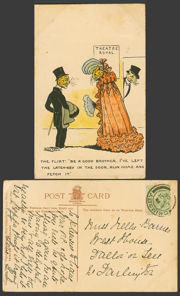 LOUIS WAIN Artist Signed Cats Theatre Royal Run Home Latch-Key 1905 Old Postcard