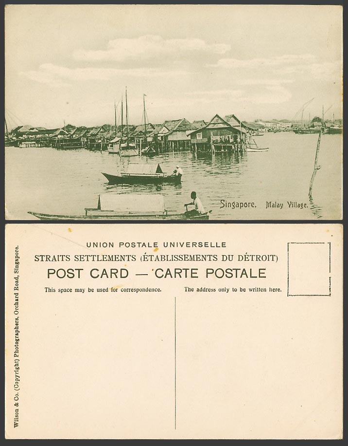 Singapore Old Postcard Malay Village Native Sampans Boats Canoe Houses on Stilts