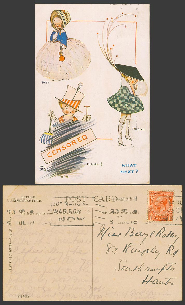 MABEL LUCIE ATTWELL 1918 Old Postcard Past, Present, Future Censored, What Next?