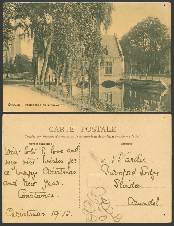 Belgium 1912 Old Postcard BRUGES, Promenade du Minnewater River Church Cathedral
