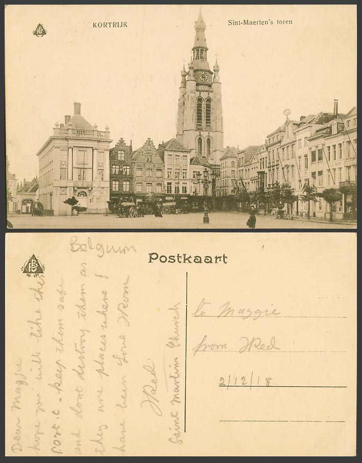 Belgium Kortrijk 1918 Old Postcard Sint-Maerten's toren St Martin Tower Courtrai