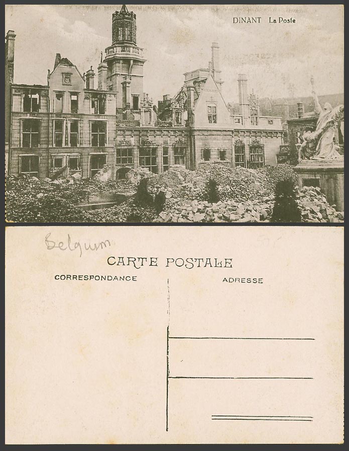 Belgium Belgian Old Postcard Dinant - La Poste Post Office - WW1 Ruins Statue