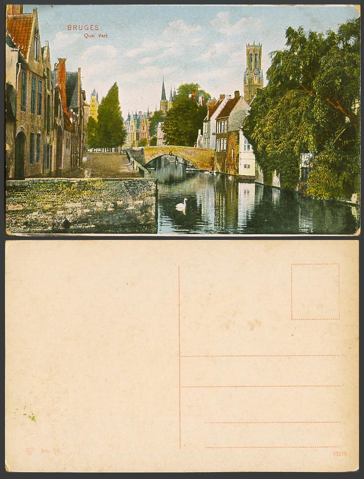 Belgium Bruges Old Colour Postcard Quai Vert Quay Bridge Swan Clock Tower Brugge