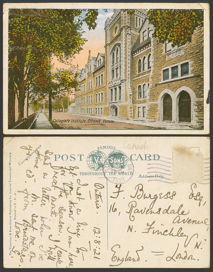 Canada 1921 Old Colour Postcard Collegiate Institute 1874, Ottawa, Street Scene