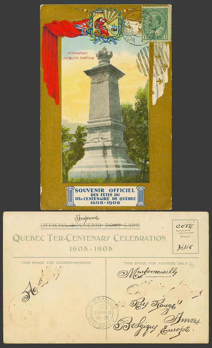 Canada 1909 Old Postcard Monument Jacques Cartier Centenaire de Quebec 1608-1908