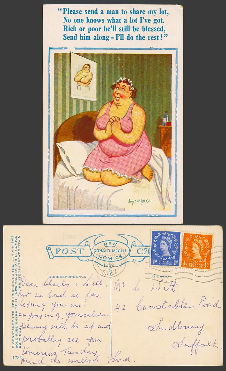 Donald McGill 1960 Old Postcard Fat Lady Prayer, Send a Man to Share My Lot 1783