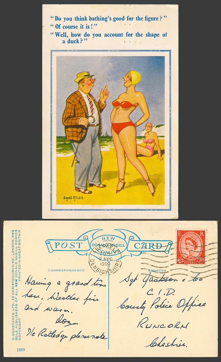 Donald McGill 1960 Old Postcard Bathing's good for Figure, Shape of a Duck? 1889