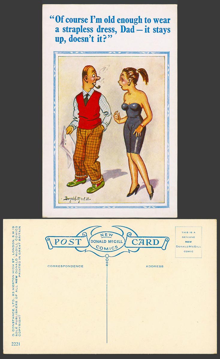 Donald McGill Old Postcard I'm Old enough to wear strapless dress, Stays Up 2221