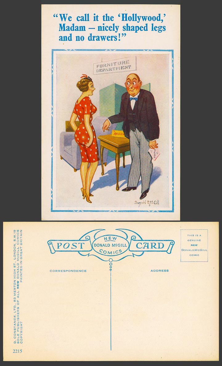 Donald McGill Old Postcard Furniture Called Hollywood, Nice Legs No Drawers 2215