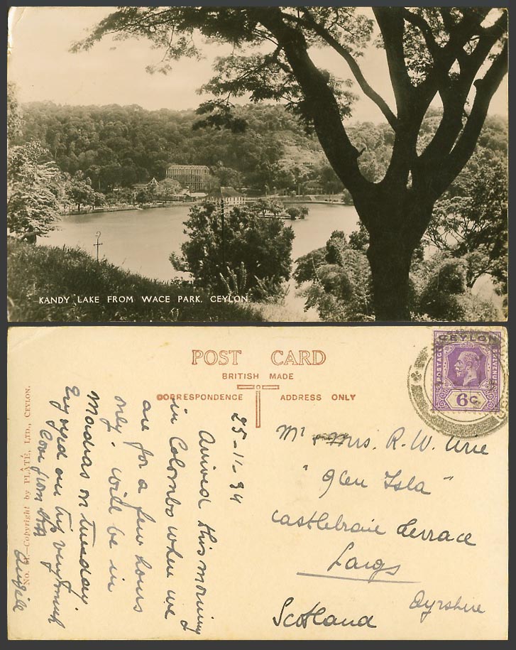 Ceylon KG5 6c stamp on 1934 Old Real Photo Postcard Kandy Lake from Wace Park 31