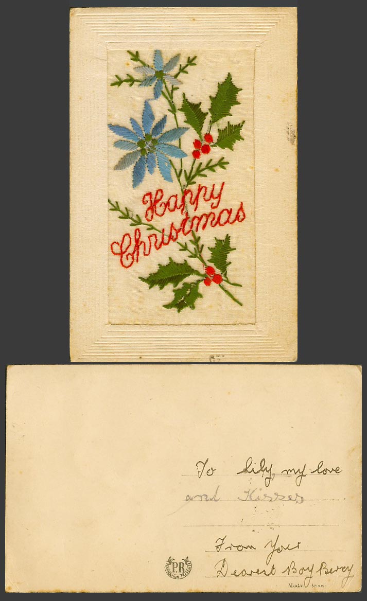 WW1 SILK Embroidered Old Postcard Happy Christmas Holly and Blue Flowers Novelty