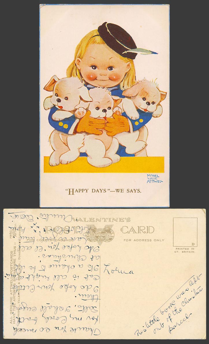 MABEL LUCIE ATTWELL Old Postcard Happy Days We Says Girl holds Dogs Puppies 3695