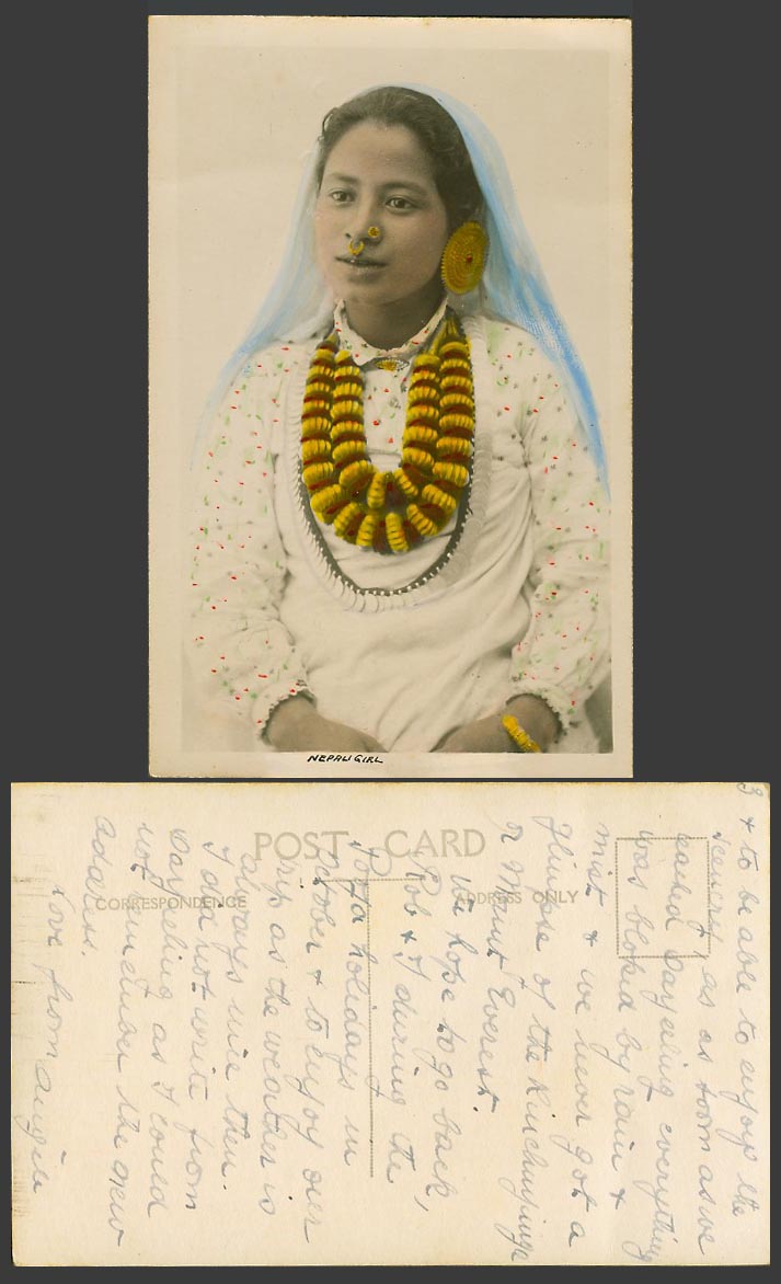 NEPAL Old Real Photo Hand Tinted Postcard Nepali Girl Woman Traditional Costumes