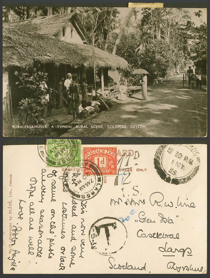 Ceylon to Largs Postage Dues 1935 Old Postcard Boralesgamuwa Rural Scene Colombo