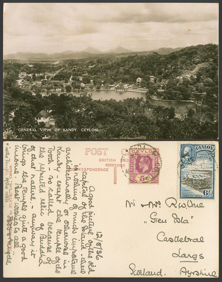 Ceylon KG5 5c 6c Colombo 1935 Old Real Photo Postcard General View of Kandy N.48
