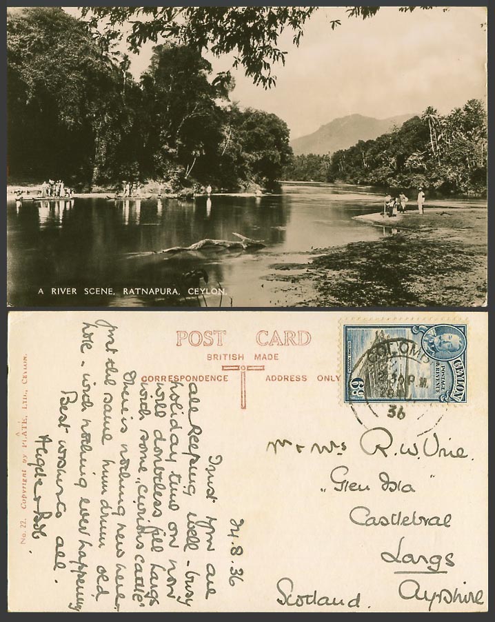 Ceylon KG5 6c. 1936 Old Real Photo Postcard A River Scene Ratnapura Boats Canoes