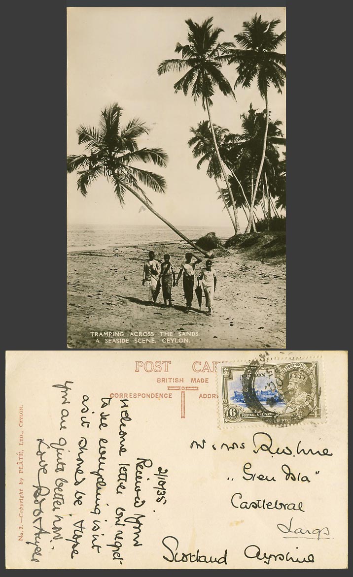 Ceylon Silver Jubilee 6c. 1935 Old Real Photo Postcard Tramping across The Sands